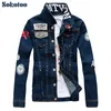 Sokotoo Men's slim English flag patch design rivet jean jacket Casual dark blue washed denim coat Outerwear SH190906