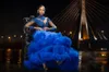 2019 Azul Royal Vestidos de Baile de Alta Neck Lace Appliqued Beads Manga Longa Sereia Vestido de Noite Camada de Nuvem Lindo Formal Vestidos de Festa
