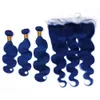 Brazilian Body Wave Mörkblå väv Mänskligt hår 3bundar med frontblå färg Vågig Virgin Hårtillägg med full spetslåsning 13x4 "