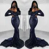 Bling Dark Navy 2021 Mermaid Prom Sequined Long Sleeves Off Shoulder Formal Dresses Evening Wear Vestidos De Fiesta