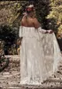 Modische böhmische Plus-Size-Spitze-Brautkleider, schulterfrei, kurze Ärmel, Strand-Brautkleider, A-Linie, bodenlang, Boho, Vestido de Novia