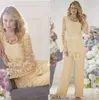 Vintage Long Sleeves Chiffon Mother of the Bride Suits Lace Applique Top Pants Floor Length Formal Party Mother Dresses