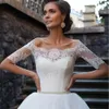 Abito da sposa a mezza manica con spalle scoperte Abito da sposa 2021 Appliques Pizzo Perle Cintura Bottoni Abiti da sposa lunghi fino al pavimento