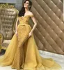 Sexy estilo árabe narciso dorado falda desmontable vestidos de fiesta 2019 Nuevo fuera del hombro sirena con cuentas de encaje y tul noche formal G218j
