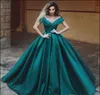 2019 Green Off The Shoulder Evening Dresses v neck Pleated Satin Floor Length Ball Gown Formal Prom Gowns Saudi Arabic Party Dresses