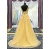 2019 Plus Size Amarelo Formal Vestidos de Baile Rendas Bordado Frisado V Decote Corset Voltar Vestidos de Noite Vestido De Novia Ocasião Especial Wome