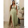 Green Plus Pastel Size Evening Dresses Sexy Side Slit Scoop Sheer Neck Chiffon Floor Length Formal Ocn Wear Prom Party Gown