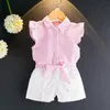 Kids Designer Clothes Girls Striped T Shirts White Shorts 2pcs Sets Flying Sleeve Tops Short Pants Suits Boutique Kids Clothing DW3810