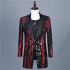 Nouveau brillant noir rouge paillettes Long manteau Costume vestes marée mâle chanteur hôte Performance Costume scène paillettes spectacle Blazers pardessus S-3XL