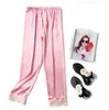 Femme imité soie pyjama pantalon femmes loisirs glace soie dentelle maison pantalon dame long pantalon sommeil bas taille m-xl221x