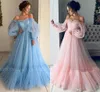 Elegant Light Sky Blue Pink Evening Dresses with Poet Sleeves Off Shoulders Pleats Ruffles Tiered Tulle Long Party Prom Gowns Arabic