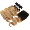 T1B27 Human hair 3 bundles with 4*4 lace closure body wave honey blonde ombre color remy Brazilian weaves double weft no shedding