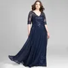 Navy Blue Half Sleeves Lace Mother Of The Bride Dresses A Line V Neck Sequined Wedding Guest Dress Floor Length Chiffon Evening Gowns 415