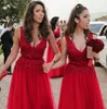 Fabulous Bridesmaids Dresses A Line Deep V Neck Sleeveless Beaded Lace Appliques Floor Length Red Soft Tulle Bridesmaid Dress with Sash