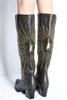 Горячие продажи-дамы ретро стиль коренастые каблуки колено высокие сапоги коричневые электрические вышивка кожаные длинные верховые ботинки осень зимняя обувь женщина