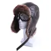 Vinterbombare hattar plysch öronflapp ryska ushanka med glasögon män kvinnors trapper pilot hatt faux läder päls snö mössor ly191228