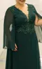 Plus -storlek Mor till brudklänningen mörkgrön långärmad pärlor chiffong golv längd bröllop fest gäst formell kväll klänningar263h