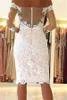 2018 fora do ombro Lace Cocktail Vestidos mangas compridas Tulle Applique frisada comprimento do joelho partido vestidos curtos Prom Vestidos