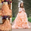 2020 Flor Meninas Vestidos de um ombro 1/2 Sleeve Beads Ruffles Appliqeus Tulle Pageant Vestidos Pavimento Length meninas Partido Vestidos