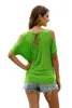 Women Blouses Casual Short Sleeve Cold Shoulder Tee Tops Loose O-Neck T Shirts Short Sexy Hollow Out Solid Shirt