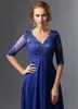 Azul Royal Longo Mulheres Mãe do Noivo Da Noiva Vestido com Mangas V Neck Chiffon Apliques Frisado Sem Encosto Elegante Noite Formal Vestidos