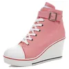 Hot Sale-New Sexy Women Breathable Wedges Canvas Shoes High Top Zippers 8cm High Heel Mujer Toning Shoes Sneakers Size