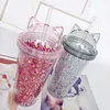 14OZ Paillette Sequin Tumbler Double Paroi En Plastique Clignotant Tasse Chat Oreille Bouteille D'eau Nouvelle Mode Creative Transparent Tasse