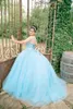 Aqua Blue Embroidery Crystal Quinceanera Dresses Prom Ball Gowns 2020 Jewel Keyhole Back Lace-up Tulle Vestidos De Quinceanera Long