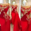 Cheap Sexy Red Evening Dresses Wear Lace Appliques Gold Crystal Beaded Cap Sleeves Organza Mermaid Floor Length Formal Party Dress Prom Gown
