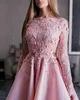 Modest New Arrival Evening Dresses Jewel Neck Long Sleeve Sequins Applique Ruched Formal Dresses Button Knee Length Party Gowns