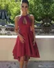 Hi-lo Dark Cheap Red Prom A Line Halter Neck Backless Tea Length Tail Dresses Sweet 16 Formal Party Gowns