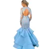 Sexig Tillbaka Hollow Mermaid Prom Klänningar Lace Appliques Långärmade Juvel Neckrockar De Soirée Satin Tiered Kjolar Evening Dresses Hot Sale