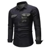 Heren shirts jeans camouflage zak stiksel lange mouw casual denim shirts mannen blouse mannelijk grijs blauw