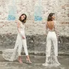 Designer Kombinezon Plaża Suknie Ślubne Klejnot Neck Długi Rękaw Bez Backless Długość Długość Bridal Outfit Koronki Summer Suknie Ślubne