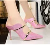 luxury Sexy Women dress shoes high heel slippers lady party shallow mouth pointed fashion high heels hollow metal word with casual slippers