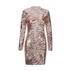 Free shipping Shining Sequins dress Nude Gold Stand Collar 2019 spring Transparent Prom Long Sleeve Club wear Hollow Out Sheer Dress