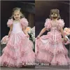 Flower Girls Dresses For Weddings Jewel Neck Pink Appliques Bow Tiered Sweep Train Butterfly Birthday Children Girl Pageant Gowns FG1312