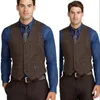 Brown Groom Vests 2019 Groomsmens/Best Man Vest Custom Made Five Buttons Wool Herringbone Wedding/Prom/Dinner Waistcoat