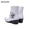 Zachodnia Zapatos Hombre Cowboy Mężczyźni Buty 6,5 cm Obcasy White Leather Punk Style Spioste Toe Motocykl Motocykl High Top Hombre