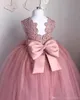 Adorable Pink Bow Sash Back Flower Girl Dresses Princess A Line Crew Neck Lace Appliques Long Kids Toddler Formal Communion Gowns BC1708