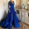 Koningsblauw diepe v-hals kant lange prom jurken hoge kant split lange mouwen avondjurken plus size sweep trein vestidos de festa ogstuff