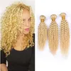 Lixívia Loira Cabelo Humano Malaio Tece Kinky Curly 3 Pcs Pacotes de Cabelo Virgem Ofertas # 613 Loira Kinky Curly Do Cabelo Humano Trama Extensões