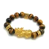 Bracelet de perles en œil de tigre naturel, plaqué or, Pixiu 3D, Feng Shui chinois, bijoux pour hommes et femmes, 2731