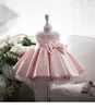 2020 Vintage Çiçek Kızların Elbiseleri Pembe Bebek Bebek Yürüyor Vaftiz Giysileri Büyük Yay Ile Boncuklu Dantel Tutu Balo Gowns Doğum Günü Partisi Elbise