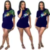 Peacock Sequin Tracksuit Women Sweatsuit 2 Piece Set Casual Short Sleeve T-shirt Top and Elastic Waist Shorts Two Piece Outfits