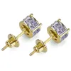 Hip Hop New Custom Iced Out Gold Color Micro Paved Zircon Square Stud Earring with Screw Back Bling Jewelry for254Z