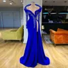 Sexy Royal Blue Mermaid Evening Dresses Long Off Shoulder High Side Split Prom Dress Appliques Beads Crystal Long Sleeve Party Gowns