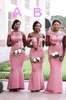 Sydafrikanska nigerianska tjejer rosa sjöjungfru brudtärna klänningar sheer nacke appliques golvlängd piga av ära klänningar plus storlek BM0614