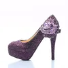 New Style Women Dress Shoes Purple Rhinestone with Rose Flower Bridal Wedding High Heel Shoes Cinderella Prom Pumps Plus Size290I