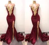 Формальные вино красные боковые сплит русалка выпускные платья кружевные аппликации сексуальные щелчки глубокие V-образные вырезы вечерние платья вечернее 213